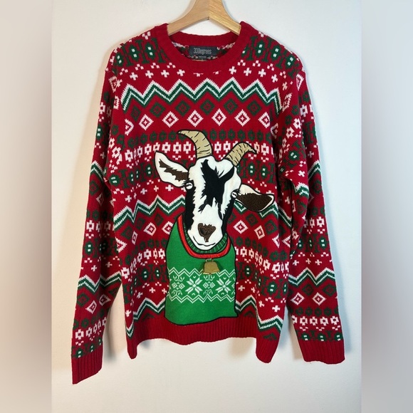 33 Degrees Mens Christmas Sweater Large Goat with Bell Ugly Sweater Holiday - Picture 2 of 10